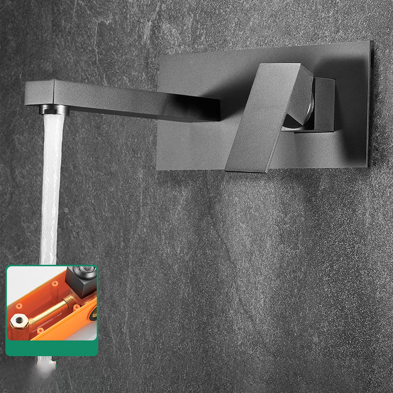 Modern Widespread Wall Mounted Bathroom Sink Faucet Lever Handle Low Arc Faucet Grey Square Faucet Indicators Included Clearhalo 'Bathroom Remodel & Bathroom Fixtures' 'Bathroom Sink Faucets' 'Bathroom Sinks & Faucet Components' 'bathroom_sink_faucets' 'Home Improvement' 'home_improvement' 'home_improvement_bathroom_sink_faucets' 7147885