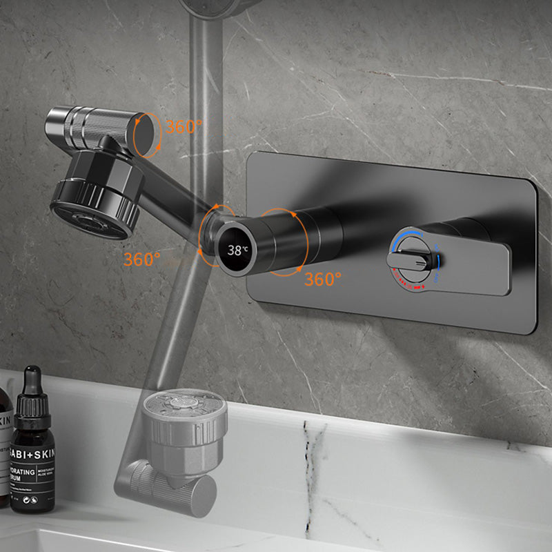 Modern Widespread Wall Mounted Bathroom Sink Faucet Lever Handle Low Arc Faucet Clearhalo 'Bathroom Remodel & Bathroom Fixtures' 'Bathroom Sink Faucets' 'Bathroom Sinks & Faucet Components' 'bathroom_sink_faucets' 'Home Improvement' 'home_improvement' 'home_improvement_bathroom_sink_faucets' 7147886