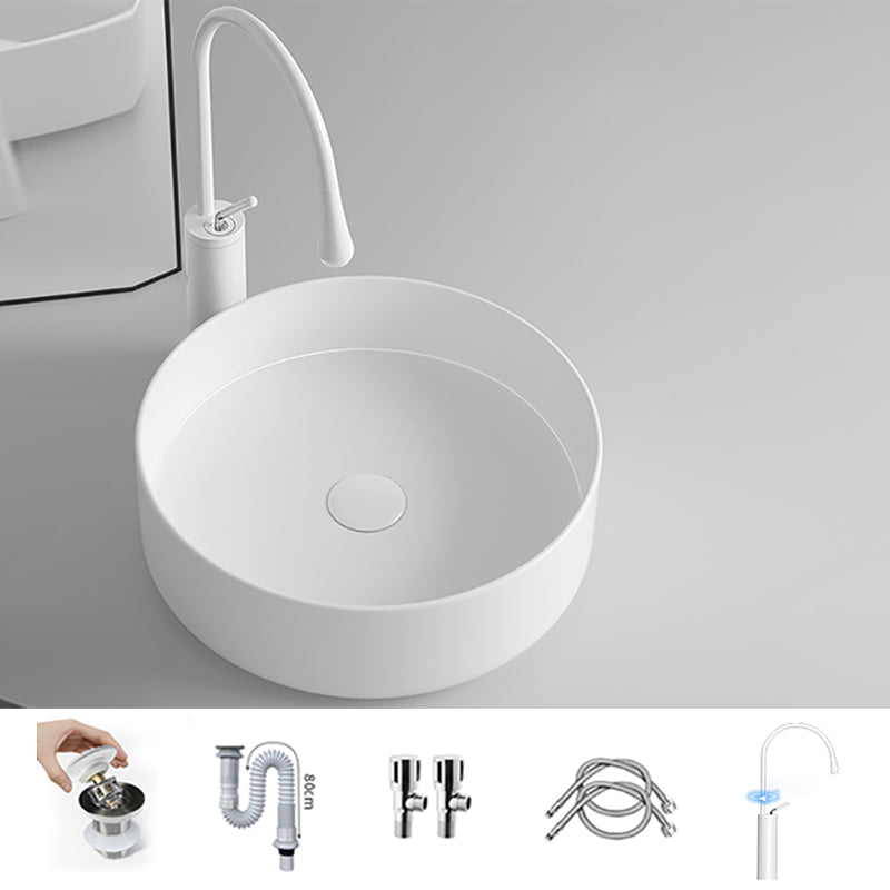 Round Porcelain Bathroom Sink with Shut-Off Valve Vessel Sink White Sink with Faucet Clearhalo 'Bathroom Remodel & Bathroom Fixtures' 'Bathroom Sinks & Faucet Components' 'Bathroom Sinks' 'bathroom_sink' 'Home Improvement' 'home_improvement' 'home_improvement_bathroom_sink' 7147959