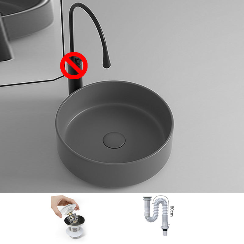 Round Porcelain Bathroom Sink with Shut-Off Valve Vessel Sink 14"L x 14"W x 5"H Grey Sink Clearhalo 'Bathroom Remodel & Bathroom Fixtures' 'Bathroom Sinks & Faucet Components' 'Bathroom Sinks' 'bathroom_sink' 'Home Improvement' 'home_improvement' 'home_improvement_bathroom_sink' 7147962