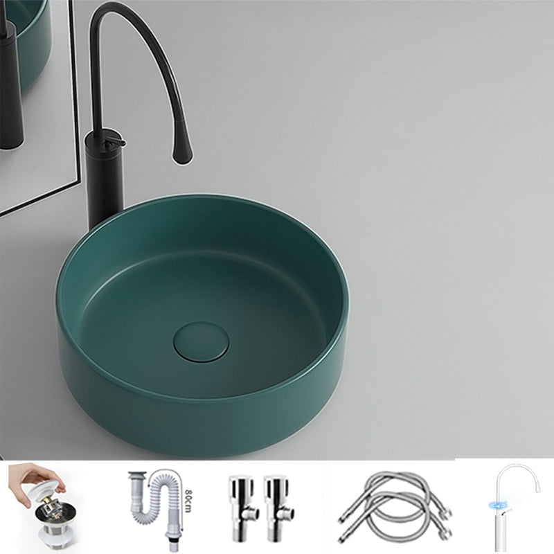 Round Porcelain Bathroom Sink with Shut-Off Valve Vessel Sink 14"L x 14"W x 5"H Green Sink with Faucet Clearhalo 'Bathroom Remodel & Bathroom Fixtures' 'Bathroom Sinks & Faucet Components' 'Bathroom Sinks' 'bathroom_sink' 'Home Improvement' 'home_improvement' 'home_improvement_bathroom_sink' 7147967