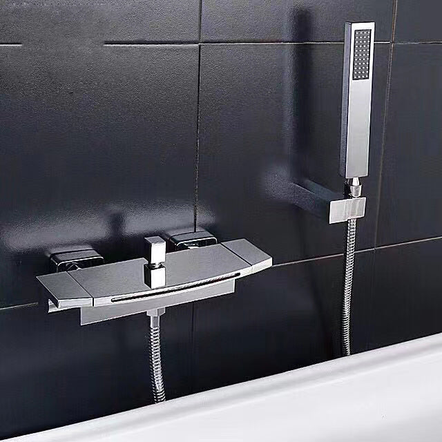 Modern Tub Filler Trim Copper Lever Handles with Hand Shower Wall Mounted Bathroom Faucet Chrome Hand Shower Included Clearhalo 'Bathroom Remodel & Bathroom Fixtures' 'Bathtub Faucets' 'bathtub_faucets' 'Home Improvement' 'home_improvement' 'home_improvement_bathtub_faucets' 7148001