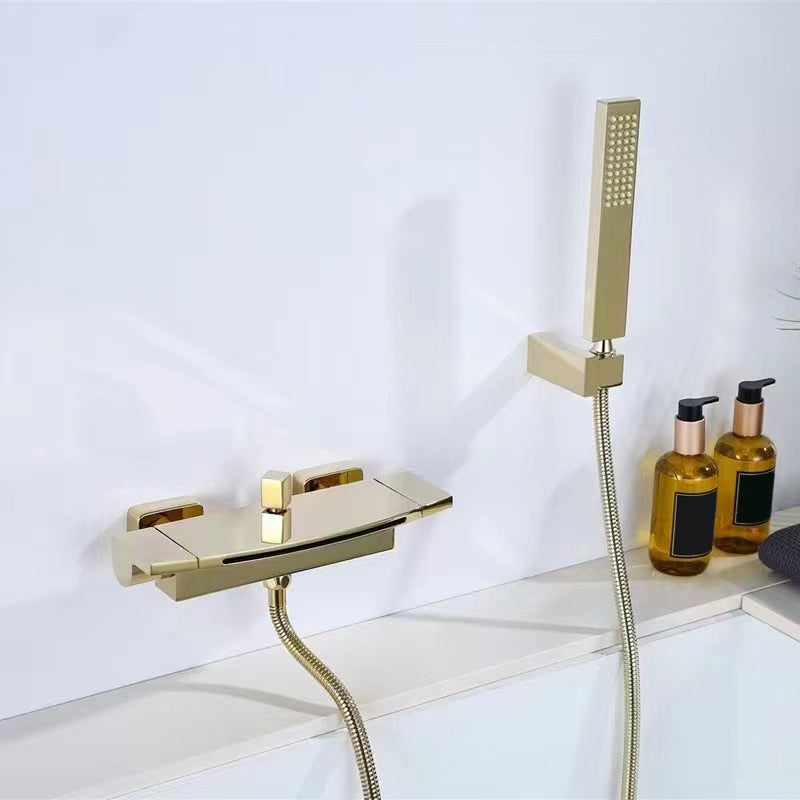 Modern Tub Filler Trim Copper Lever Handles with Hand Shower Wall Mounted Bathroom Faucet Gold Hand Shower Included Clearhalo 'Bathroom Remodel & Bathroom Fixtures' 'Bathtub Faucets' 'bathtub_faucets' 'Home Improvement' 'home_improvement' 'home_improvement_bathtub_faucets' 7148003
