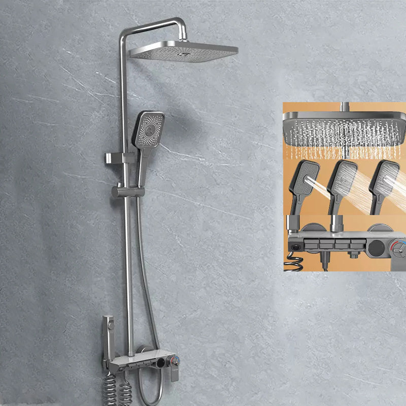 Modern Shower System Push Button Handle Wall Mounted Shower Head Combo Grey Thermostatic Clearhalo 'Bathroom Remodel & Bathroom Fixtures' 'Home Improvement' 'home_improvement' 'home_improvement_shower_faucets' 'Shower Faucets & Systems' 'shower_faucets' 'Showers & Bathtubs Plumbing' 'Showers & Bathtubs' 7157168