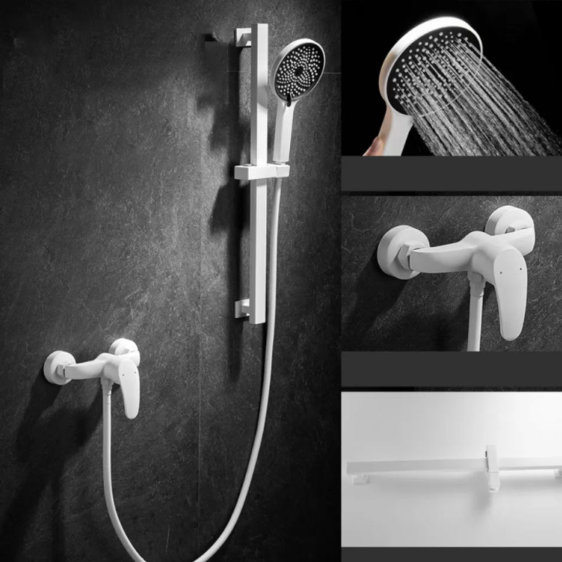 Round Shower Set White Wall Mounted Handshower Lever Handle Shower Hose Swivel Shower Set 1 Temperature Control Slide Bar Included Clearhalo 'Bathroom Remodel & Bathroom Fixtures' 'Home Improvement' 'home_improvement' 'home_improvement_shower_faucets' 'Shower Faucets & Systems' 'shower_faucets' 'Showers & Bathtubs Plumbing' 'Showers & Bathtubs' 7157495