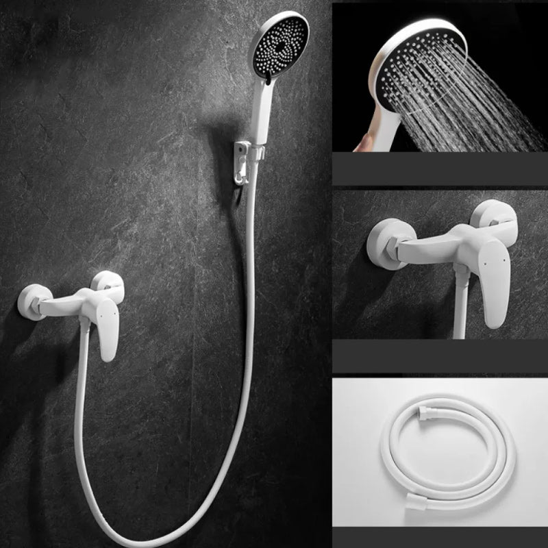 Round Shower Set White Wall Mounted Handshower Lever Handle Shower Hose Swivel Shower Set 1 Temperature Control Slide Bar Not Included Clearhalo 'Bathroom Remodel & Bathroom Fixtures' 'Home Improvement' 'home_improvement' 'home_improvement_shower_faucets' 'Shower Faucets & Systems' 'shower_faucets' 'Showers & Bathtubs Plumbing' 'Showers & Bathtubs' 7157497