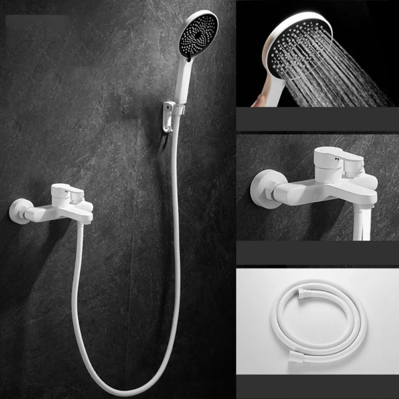 Round Shower Set White Wall Mounted Handshower Lever Handle Shower Hose Swivel Shower Set 2 Temperature Control Slide Bar Not Included Clearhalo 'Bathroom Remodel & Bathroom Fixtures' 'Home Improvement' 'home_improvement' 'home_improvement_shower_faucets' 'Shower Faucets & Systems' 'shower_faucets' 'Showers & Bathtubs Plumbing' 'Showers & Bathtubs' 7157500