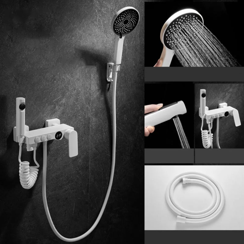 Round Shower Set White Wall Mounted Handshower Lever Handle Shower Hose Swivel Shower Set 3 Temperature Control Slide Bar Not Included Clearhalo 'Bathroom Remodel & Bathroom Fixtures' 'Home Improvement' 'home_improvement' 'home_improvement_shower_faucets' 'Shower Faucets & Systems' 'shower_faucets' 'Showers & Bathtubs Plumbing' 'Showers & Bathtubs' 7157508