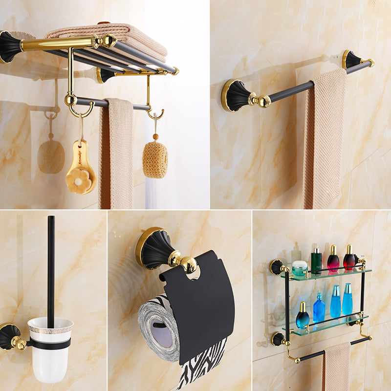 Traditional Bathroom Accessory Kit Towel Bar Bath Shelf Black Bath Hardware Set 5-Piece Set (Single Rod) Clearhalo 'Bathroom Hardware Sets' 'Bathroom Hardware' 'Bathroom Remodel & Bathroom Fixtures' 'bathroom_hardware_sets' 'Home Improvement' 'home_improvement' 'home_improvement_bathroom_hardware_sets' 7159252