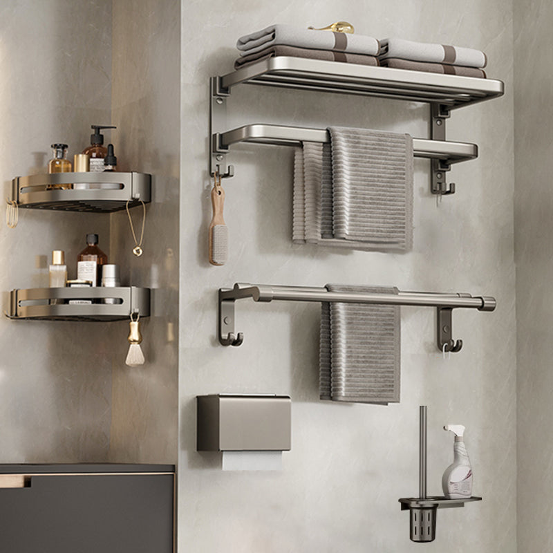 Modern Bath Hardware Set Grey Bath Shelf Paper Holder Bathroom Set 6-Piece Set (Toilet Brush) Clearhalo 'Bathroom Hardware Sets' 'Bathroom Hardware' 'Bathroom Remodel & Bathroom Fixtures' 'bathroom_hardware_sets' 'Home Improvement' 'home_improvement' 'home_improvement_bathroom_hardware_sets' 7159443