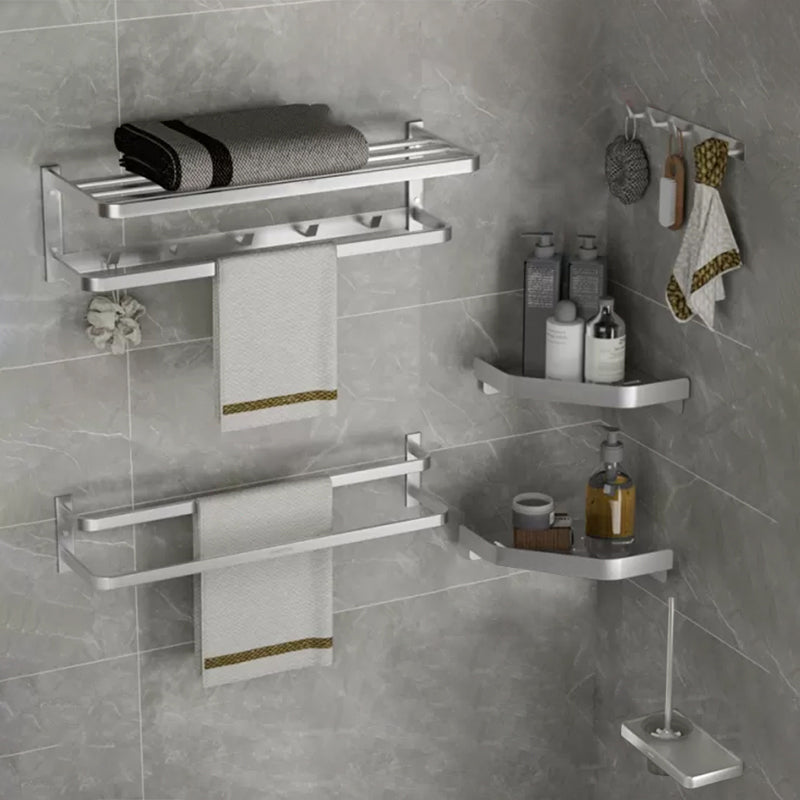 Modern Bath Hardware Set Silver Bath Shelf Towel Bar Bathroom Accessory Kit 6-Piece Set (Row Hook) Clearhalo 'Bathroom Hardware Sets' 'Bathroom Hardware' 'Bathroom Remodel & Bathroom Fixtures' 'bathroom_hardware_sets' 'Home Improvement' 'home_improvement' 'home_improvement_bathroom_hardware_sets' 7159483