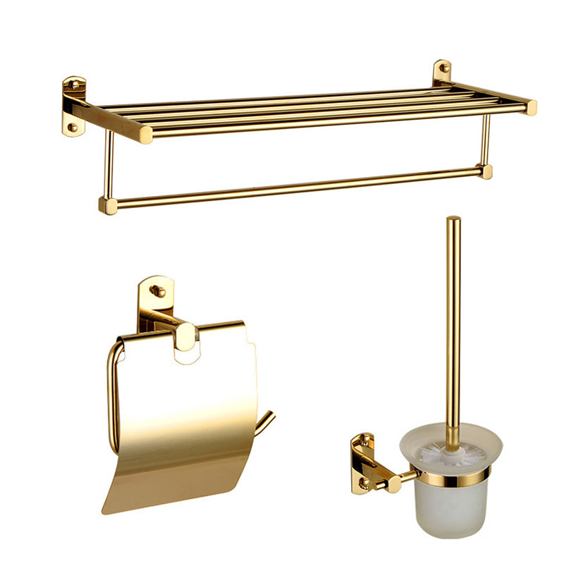Polished Gold 4 Piece Bathroom Accessory Set Brass Bathroom Hardware Towel Rack & Toilet Paper Holder & Toilet Brush Clearhalo 'Bathroom Hardware Sets' 'Bathroom Hardware' 'Bathroom Remodel & Bathroom Fixtures' 'bathroom_hardware_sets' 'Home Improvement' 'home_improvement' 'home_improvement_bathroom_hardware_sets' 7159687