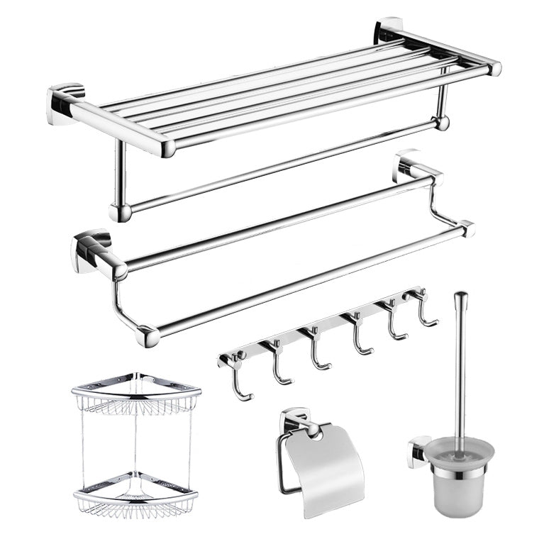 Polished Chrome Modernism Bathroom Accessory Set Bath Shelf/ Towel Bar/Robe Hooks Included Clearhalo 'Bathroom Hardware Sets' 'Bathroom Hardware' 'Bathroom Remodel & Bathroom Fixtures' 'bathroom_hardware_sets' 'Home Improvement' 'home_improvement' 'home_improvement_bathroom_hardware_sets' 7159867