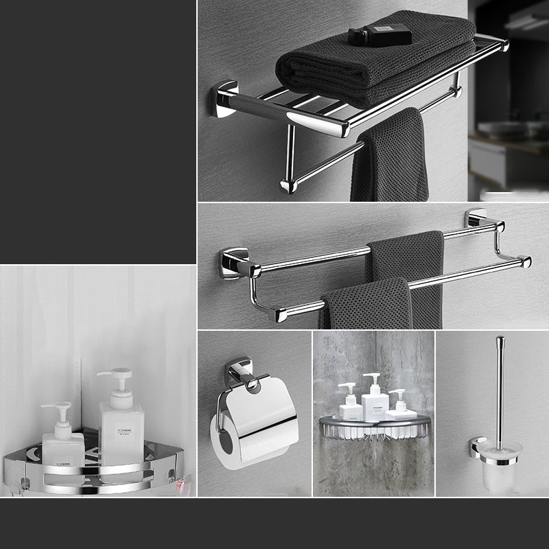 Polished Chrome Modernism Bathroom Accessory Set Bath Shelf/ Towel Bar/Robe Hooks Included 6-Piece Set (Triangular Bath Shelf) Clearhalo 'Bathroom Hardware Sets' 'Bathroom Hardware' 'Bathroom Remodel & Bathroom Fixtures' 'bathroom_hardware_sets' 'Home Improvement' 'home_improvement' 'home_improvement_bathroom_hardware_sets' 7159870
