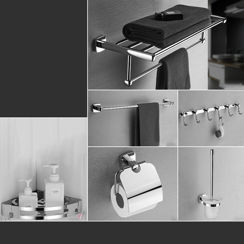 Polished Chrome Modernism Bathroom Accessory Set Bath Shelf/ Towel Bar/Robe Hooks Included 6-Piece Set (Single Rod) Clearhalo 'Bathroom Hardware Sets' 'Bathroom Hardware' 'Bathroom Remodel & Bathroom Fixtures' 'bathroom_hardware_sets' 'Home Improvement' 'home_improvement' 'home_improvement_bathroom_hardware_sets' 7159872