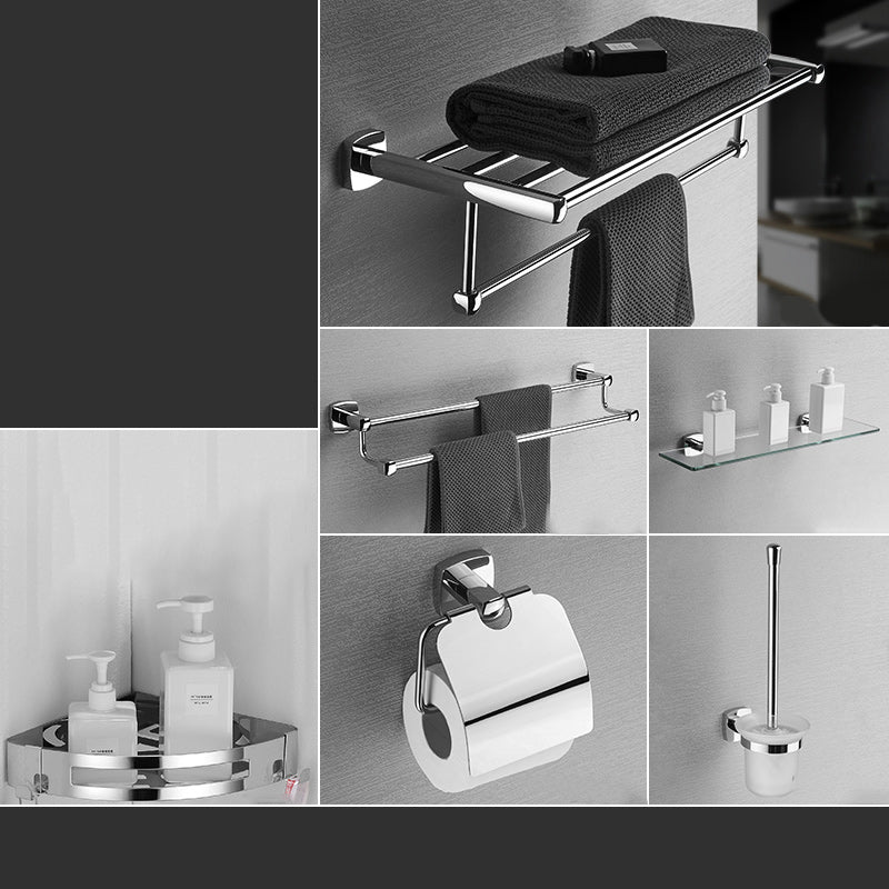 Polished Chrome Modernism Bathroom Accessory Set Bath Shelf/ Towel Bar/Robe Hooks Included 6-Piece Set (Double Rods) Clearhalo 'Bathroom Hardware Sets' 'Bathroom Hardware' 'Bathroom Remodel & Bathroom Fixtures' 'bathroom_hardware_sets' 'Home Improvement' 'home_improvement' 'home_improvement_bathroom_hardware_sets' 7159875