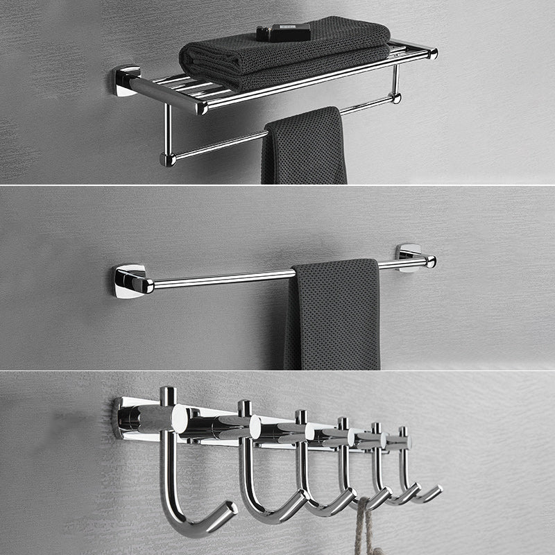 Polished Chrome Modernism Bathroom Accessory Set Bath Shelf/ Towel Bar/Robe Hooks Included 3-Piece Set Clearhalo 'Bathroom Hardware Sets' 'Bathroom Hardware' 'Bathroom Remodel & Bathroom Fixtures' 'bathroom_hardware_sets' 'Home Improvement' 'home_improvement' 'home_improvement_bathroom_hardware_sets' 7159879