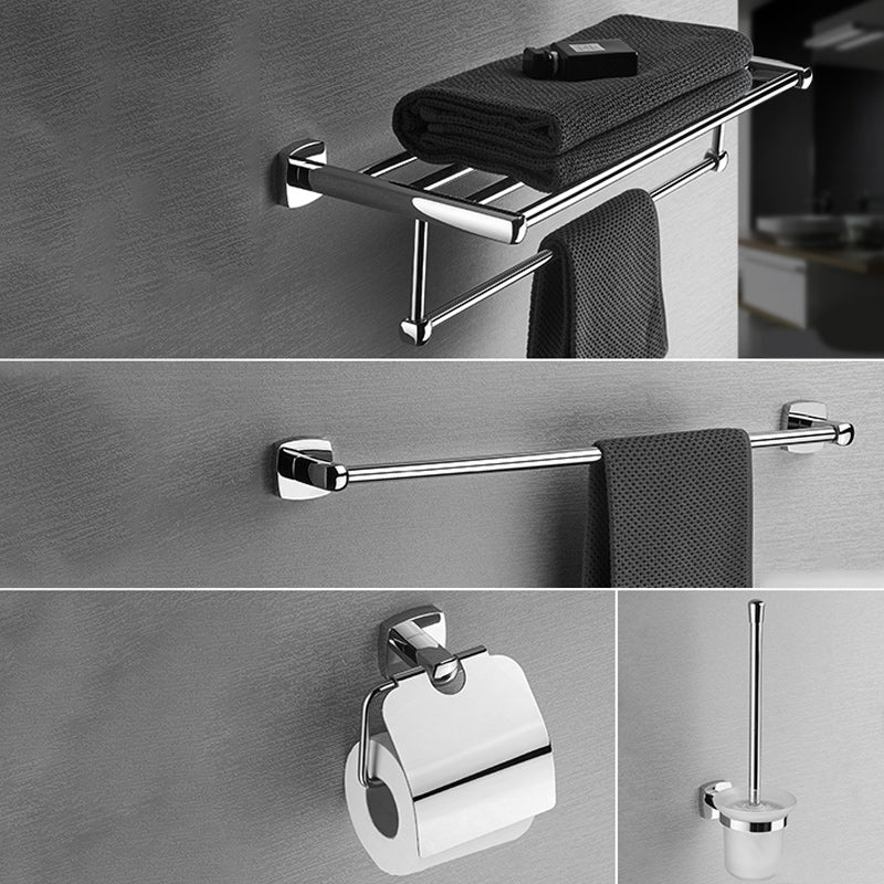 Polished Chrome Modernism Bathroom Accessory Set Bath Shelf/ Towel Bar/Robe Hooks Included 4-Piece Set Clearhalo 'Bathroom Hardware Sets' 'Bathroom Hardware' 'Bathroom Remodel & Bathroom Fixtures' 'bathroom_hardware_sets' 'Home Improvement' 'home_improvement' 'home_improvement_bathroom_hardware_sets' 7159880