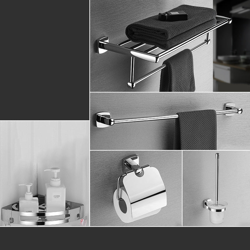Polished Chrome Modernism Bathroom Accessory Set Bath Shelf/ Towel Bar/Robe Hooks Included 5 piece Set Clearhalo 'Bathroom Hardware Sets' 'Bathroom Hardware' 'Bathroom Remodel & Bathroom Fixtures' 'bathroom_hardware_sets' 'Home Improvement' 'home_improvement' 'home_improvement_bathroom_hardware_sets' 7159881