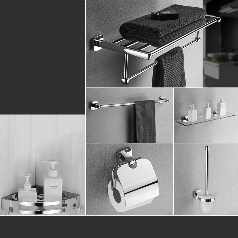 Polished Chrome Modernism Bathroom Accessory Set Bath Shelf/ Towel Bar/Robe Hooks Included 6-Piece Set (Square Bath Shelf) Clearhalo 'Bathroom Hardware Sets' 'Bathroom Hardware' 'Bathroom Remodel & Bathroom Fixtures' 'bathroom_hardware_sets' 'Home Improvement' 'home_improvement' 'home_improvement_bathroom_hardware_sets' 7159883