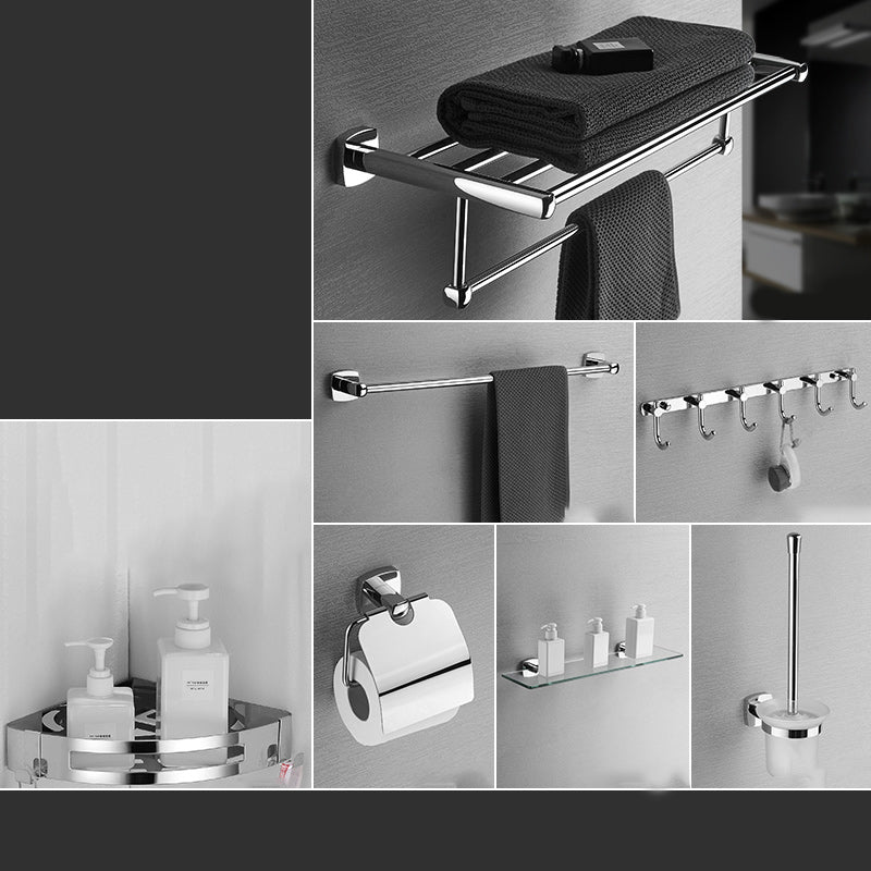 Polished Chrome Modernism Bathroom Accessory Set Bath Shelf/ Towel Bar/Robe Hooks Included 7-Piece Set (Square Bath Shelf) Clearhalo 'Bathroom Hardware Sets' 'Bathroom Hardware' 'Bathroom Remodel & Bathroom Fixtures' 'bathroom_hardware_sets' 'Home Improvement' 'home_improvement' 'home_improvement_bathroom_hardware_sets' 7159886