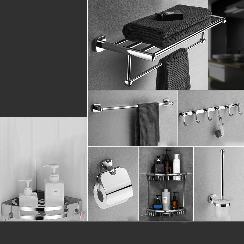 Polished Chrome Modernism Bathroom Accessory Set Bath Shelf/ Towel Bar/Robe Hooks Included 7-Piece Set (Triangle Bath Shelf) Clearhalo 'Bathroom Hardware Sets' 'Bathroom Hardware' 'Bathroom Remodel & Bathroom Fixtures' 'bathroom_hardware_sets' 'Home Improvement' 'home_improvement' 'home_improvement_bathroom_hardware_sets' 7159887