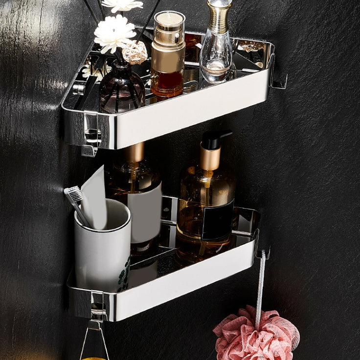 Contemporary Triangle Bath Shelf Stainless Steel Bathroom Set with Robe Hooks Clearhalo 'Bathroom Hardware Sets' 'Bathroom Hardware' 'Bathroom Remodel & Bathroom Fixtures' 'bathroom_hardware_sets' 'Home Improvement' 'home_improvement' 'home_improvement_bathroom_hardware_sets' 7159917