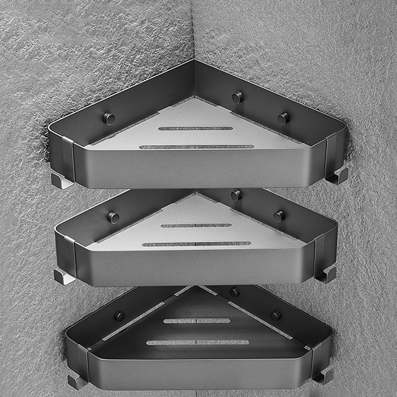 Contemporary Triangle Bath Shelf Stainless Steel Bathroom Set with Robe Hooks Grey 3 Piece Set Clearhalo 'Bathroom Hardware Sets' 'Bathroom Hardware' 'Bathroom Remodel & Bathroom Fixtures' 'bathroom_hardware_sets' 'Home Improvement' 'home_improvement' 'home_improvement_bathroom_hardware_sets' 7159921