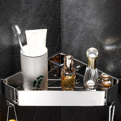 Contemporary Triangle Bath Shelf Stainless Steel Bathroom Set with Robe Hooks Chrome 1 Piece Clearhalo 'Bathroom Hardware Sets' 'Bathroom Hardware' 'Bathroom Remodel & Bathroom Fixtures' 'bathroom_hardware_sets' 'Home Improvement' 'home_improvement' 'home_improvement_bathroom_hardware_sets' 7159933