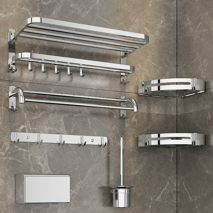 Contemporary Bath Hardware Set in Stainless Steel Chrome Robe Hooks/Towel Bar Clearhalo 'Bathroom Hardware Sets' 'Bathroom Hardware' 'Bathroom Remodel & Bathroom Fixtures' 'bathroom_hardware_sets' 'Home Improvement' 'home_improvement' 'home_improvement_bathroom_hardware_sets' 7160049
