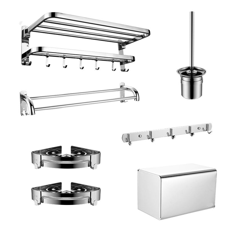 Contemporary Bath Hardware Set in Stainless Steel Chrome Robe Hooks/Towel Bar 7-Piece Set Clearhalo 'Bathroom Hardware Sets' 'Bathroom Hardware' 'Bathroom Remodel & Bathroom Fixtures' 'bathroom_hardware_sets' 'Home Improvement' 'home_improvement' 'home_improvement_bathroom_hardware_sets' 7160052