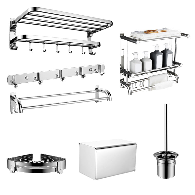 Contemporary Bath Hardware Set in Stainless Steel Chrome Robe Hooks/Towel Bar Clearhalo 'Bathroom Hardware Sets' 'Bathroom Hardware' 'Bathroom Remodel & Bathroom Fixtures' 'bathroom_hardware_sets' 'Home Improvement' 'home_improvement' 'home_improvement_bathroom_hardware_sets' 7160054