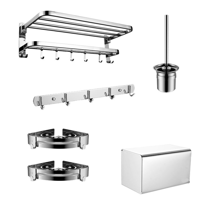 Contemporary Bath Hardware Set in Stainless Steel Chrome Robe Hooks/Towel Bar 6-Piece Set (Row Hook) Clearhalo 'Bathroom Hardware Sets' 'Bathroom Hardware' 'Bathroom Remodel & Bathroom Fixtures' 'bathroom_hardware_sets' 'Home Improvement' 'home_improvement' 'home_improvement_bathroom_hardware_sets' 7160055