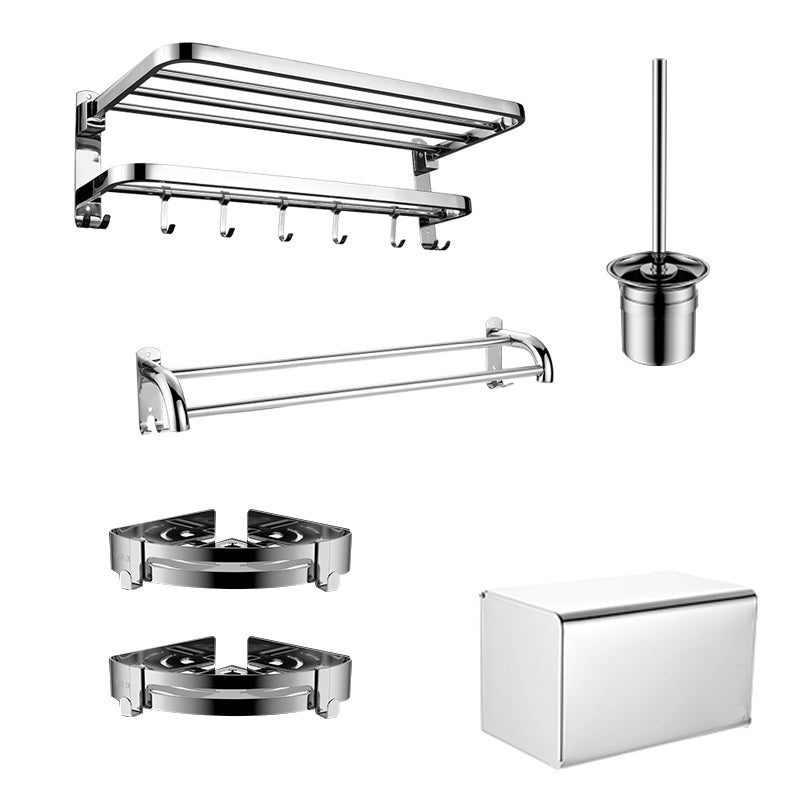 Contemporary Bath Hardware Set in Stainless Steel Chrome Robe Hooks/Towel Bar 6-Piece Set (Towel Bar) Clearhalo 'Bathroom Hardware Sets' 'Bathroom Hardware' 'Bathroom Remodel & Bathroom Fixtures' 'bathroom_hardware_sets' 'Home Improvement' 'home_improvement' 'home_improvement_bathroom_hardware_sets' 7160056