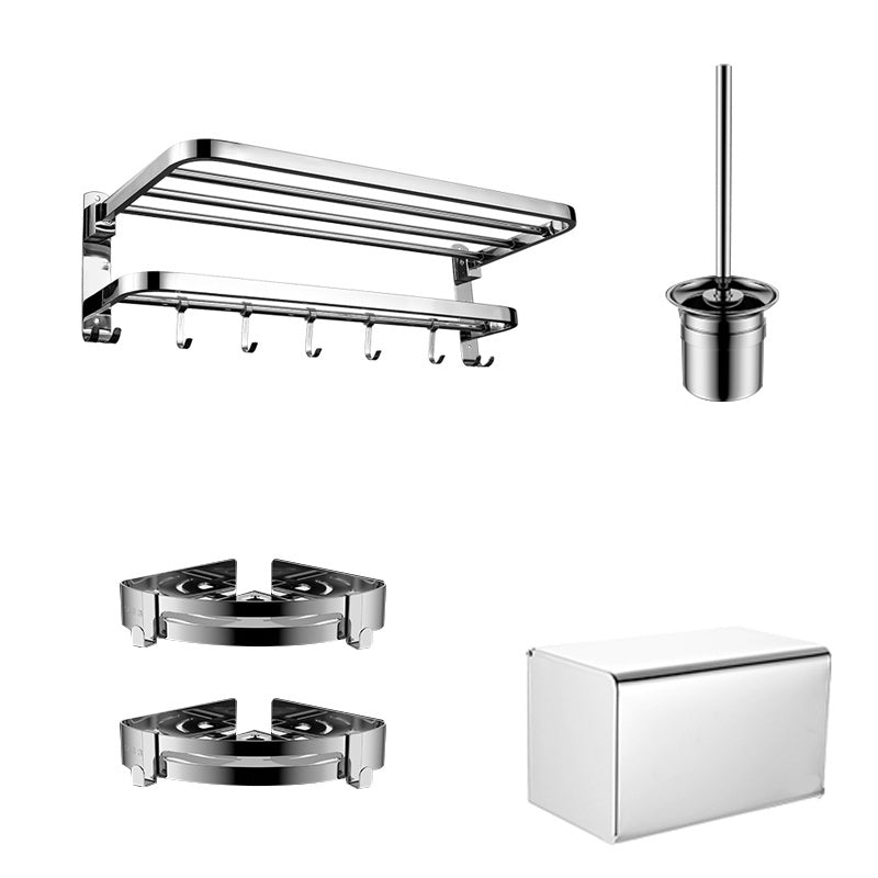 Contemporary Bath Hardware Set in Stainless Steel Chrome Robe Hooks/Towel Bar 5 piece Set Clearhalo 'Bathroom Hardware Sets' 'Bathroom Hardware' 'Bathroom Remodel & Bathroom Fixtures' 'bathroom_hardware_sets' 'Home Improvement' 'home_improvement' 'home_improvement_bathroom_hardware_sets' 7160058