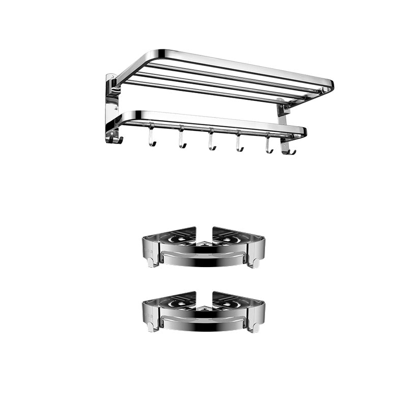 Contemporary Bath Hardware Set in Stainless Steel Chrome Robe Hooks/Towel Bar Towel Rack with Triangle Bath Shelf Clearhalo 'Bathroom Hardware Sets' 'Bathroom Hardware' 'Bathroom Remodel & Bathroom Fixtures' 'bathroom_hardware_sets' 'Home Improvement' 'home_improvement' 'home_improvement_bathroom_hardware_sets' 7160063