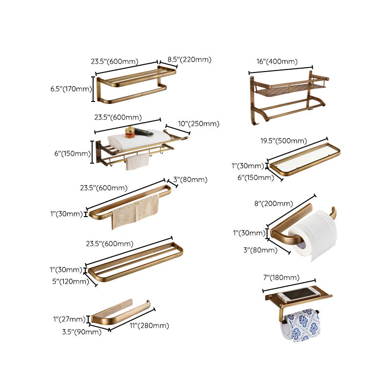Brushed Brass 4-Piece Bathroom Accessory Set Vintage Bronze Bath Shelf/Towel Bar Clearhalo 'Bathroom Hardware Sets' 'Bathroom Hardware' 'Bathroom Remodel & Bathroom Fixtures' 'bathroom_hardware_sets' 'Home Improvement' 'home_improvement' 'home_improvement_bathroom_hardware_sets' 7160220