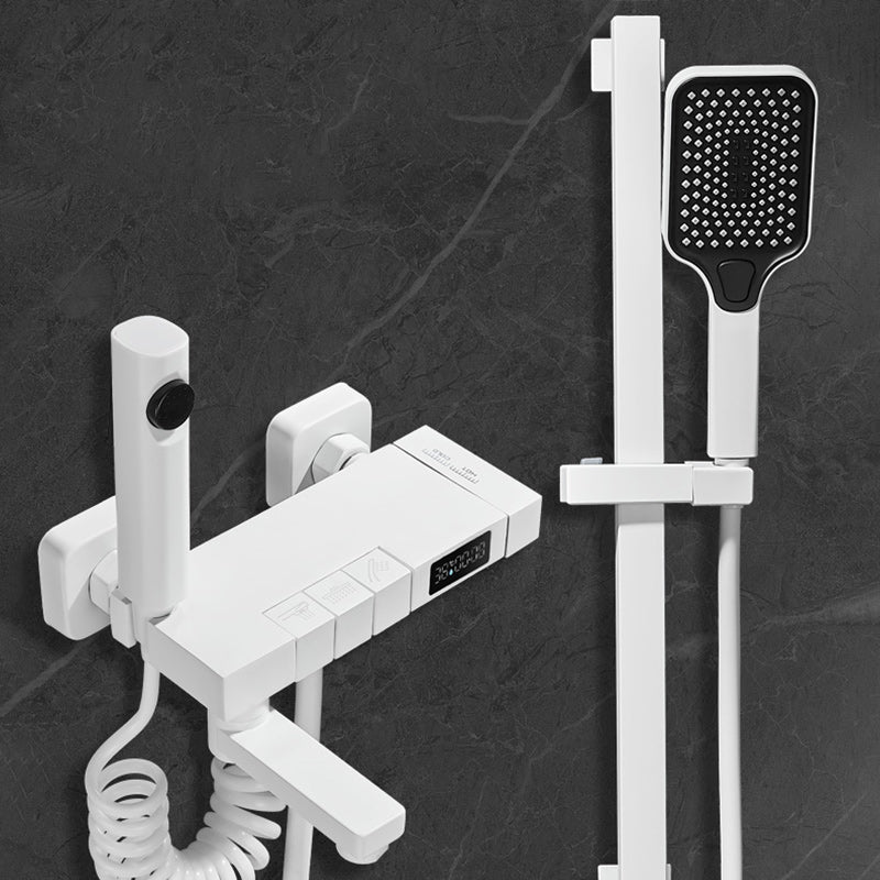 Swivel Shower System White Square Shower Hose Wall Mount Slide Bar Included Shower System Clearhalo 'Bathroom Remodel & Bathroom Fixtures' 'Home Improvement' 'home_improvement' 'home_improvement_shower_faucets' 'Shower Faucets & Systems' 'shower_faucets' 'Showers & Bathtubs Plumbing' 'Showers & Bathtubs' 7160453