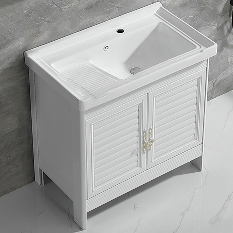 Metal Frame Vanity White Freestanding Rectangular Single Sink Glam Bath Vanity with Doors Bathroom Vanity Clearhalo 'Bathroom Remodel & Bathroom Fixtures' 'Bathroom Vanities' 'bathroom_vanities' 'Home Improvement' 'home_improvement' 'home_improvement_bathroom_vanities' 7160498