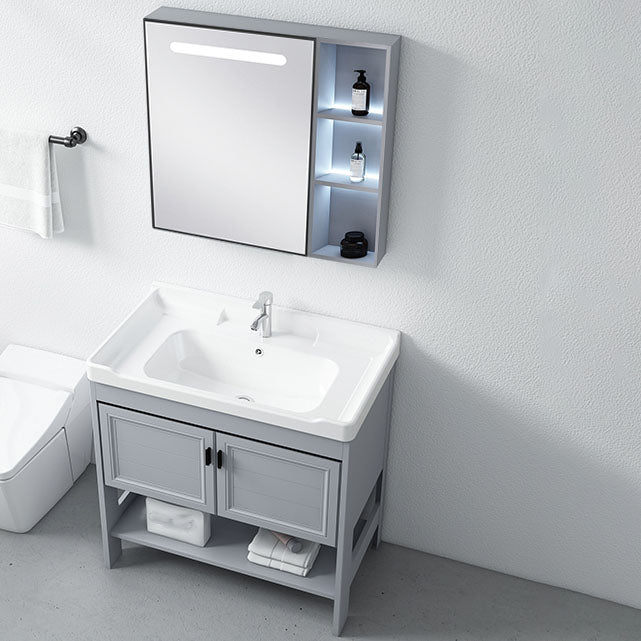 Shelving Included Bath Vanity Freestanding Grey Single Sink 2 Doors Metal Frame Vanity Clearhalo 'Bathroom Remodel & Bathroom Fixtures' 'Bathroom Vanities' 'bathroom_vanities' 'Home Improvement' 'home_improvement' 'home_improvement_bathroom_vanities' 7160526