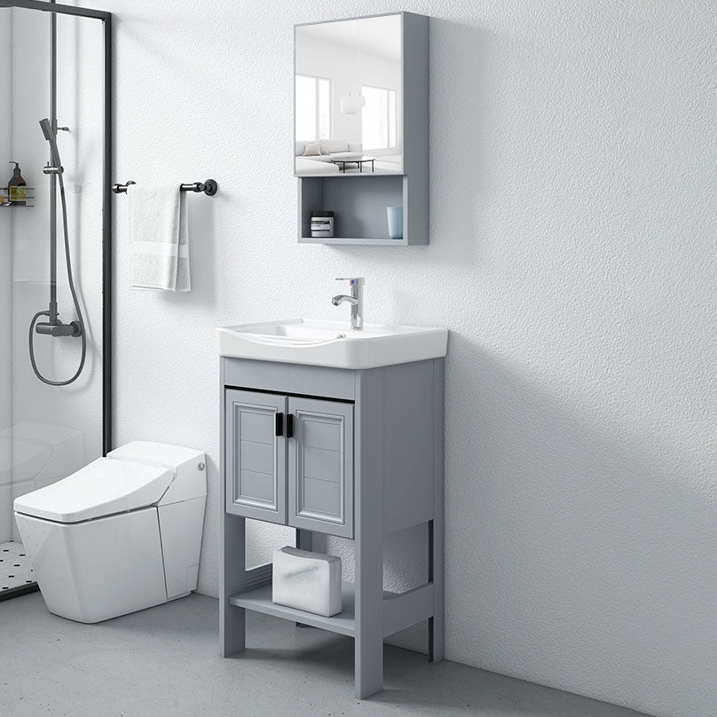 Shelving Included Bath Vanity Freestanding Grey Single Sink 2 Doors Metal Frame Vanity Clearhalo 'Bathroom Remodel & Bathroom Fixtures' 'Bathroom Vanities' 'bathroom_vanities' 'Home Improvement' 'home_improvement' 'home_improvement_bathroom_vanities' 7160528