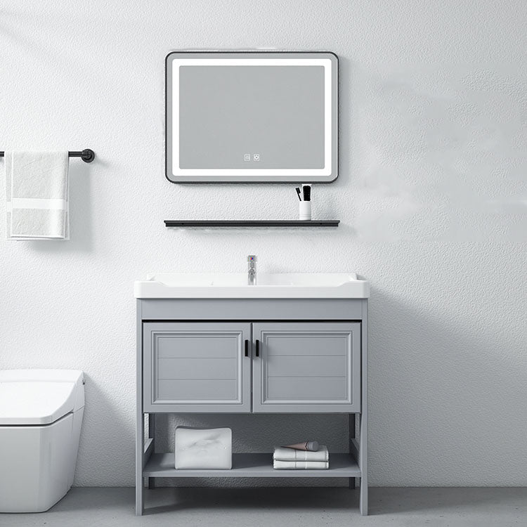 Shelving Included Bath Vanity Freestanding Grey Single Sink 2 Doors Metal Frame Vanity Clearhalo 'Bathroom Remodel & Bathroom Fixtures' 'Bathroom Vanities' 'bathroom_vanities' 'Home Improvement' 'home_improvement' 'home_improvement_bathroom_vanities' 7160531