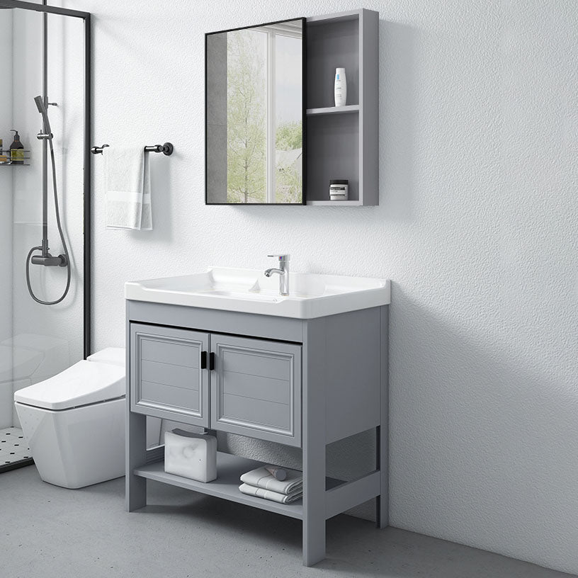 Shelving Included Bath Vanity Freestanding Grey Single Sink 2 Doors Metal Frame Vanity Clearhalo 'Bathroom Remodel & Bathroom Fixtures' 'Bathroom Vanities' 'bathroom_vanities' 'Home Improvement' 'home_improvement' 'home_improvement_bathroom_vanities' 7160533