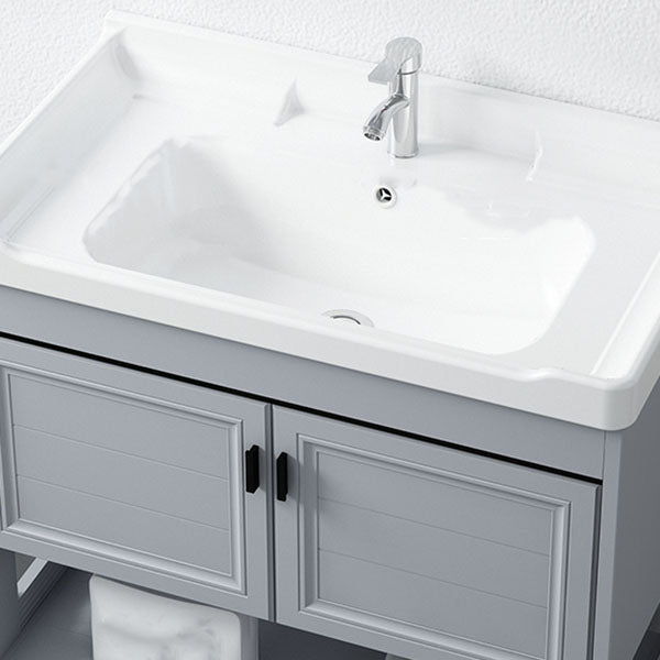 Shelving Included Bath Vanity Freestanding Grey Single Sink 2 Doors Metal Frame Vanity Clearhalo 'Bathroom Remodel & Bathroom Fixtures' 'Bathroom Vanities' 'bathroom_vanities' 'Home Improvement' 'home_improvement' 'home_improvement_bathroom_vanities' 7160537
