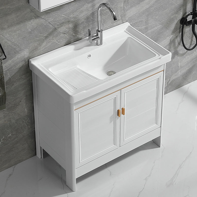 Freestanding Bath Vanity White Mirror Rectangular Single Sink Vanity with Doors Vanity & Faucet Clearhalo 'Bathroom Remodel & Bathroom Fixtures' 'Bathroom Vanities' 'bathroom_vanities' 'Home Improvement' 'home_improvement' 'home_improvement_bathroom_vanities' 7160570