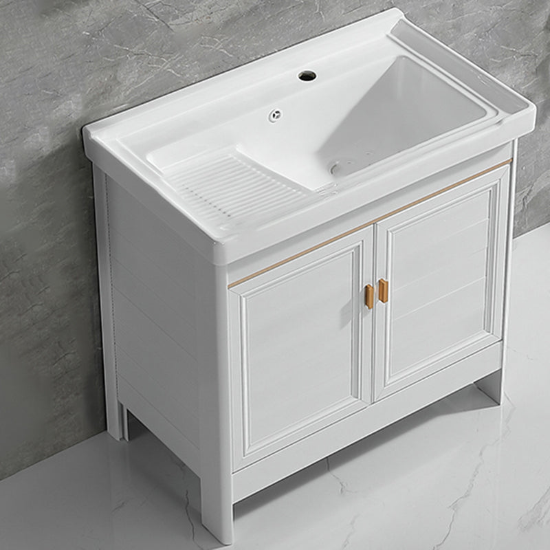 Freestanding Bath Vanity White Mirror Rectangular Single Sink Vanity with Doors Bathroom Vanity Clearhalo 'Bathroom Remodel & Bathroom Fixtures' 'Bathroom Vanities' 'bathroom_vanities' 'Home Improvement' 'home_improvement' 'home_improvement_bathroom_vanities' 7160576