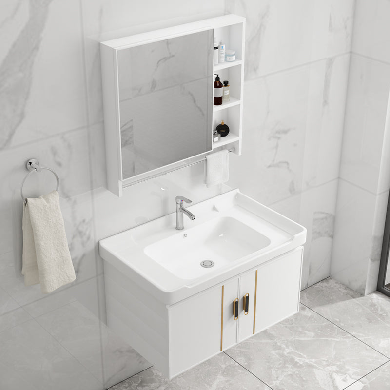 Vanity Sink White Wall Mounted Drawers Doors Faucet Ceramic Sink Vanity with Mirror Clearhalo 'Bathroom Remodel & Bathroom Fixtures' 'Bathroom Vanities' 'bathroom_vanities' 'Home Improvement' 'home_improvement' 'home_improvement_bathroom_vanities' 7160645