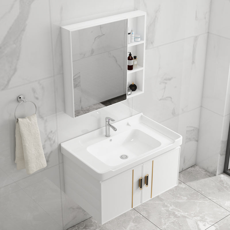 Vanity Sink White Wall Mounted Drawers Doors Faucet Ceramic Sink Vanity with Mirror Clearhalo 'Bathroom Remodel & Bathroom Fixtures' 'Bathroom Vanities' 'bathroom_vanities' 'Home Improvement' 'home_improvement' 'home_improvement_bathroom_vanities' 7160648