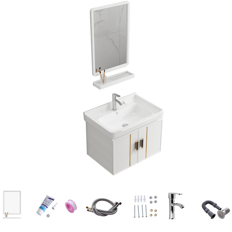 Vanity Sink White Wall Mounted Drawers Doors Faucet Ceramic Sink Vanity with Mirror Vanity & Faucet & Mirrors 24"L x 16"W x 18"H Towel Bar Not Included Clearhalo 'Bathroom Remodel & Bathroom Fixtures' 'Bathroom Vanities' 'bathroom_vanities' 'Home Improvement' 'home_improvement' 'home_improvement_bathroom_vanities' 7160664
