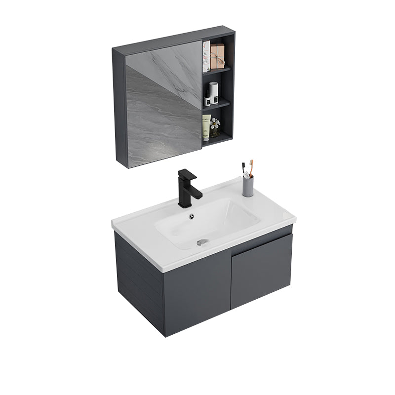 Grey Bath Vanity Wall Mount Rectangular Single Sink Mirror Metal Frame Vanity with Doors Vanity & Faucet & Mirror Cabinet 31.9"L x 18.9"W x 17.3"H Ceramic Clearhalo 'Bathroom Remodel & Bathroom Fixtures' 'Bathroom Vanities' 'bathroom_vanities' 'Home Improvement' 'home_improvement' 'home_improvement_bathroom_vanities' 7160735